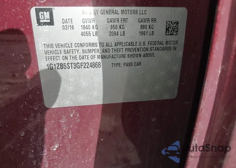 2016 Chevrolet Malibu Ls из США, поврежденный, VIN 1G1ZB5ST3GF224868